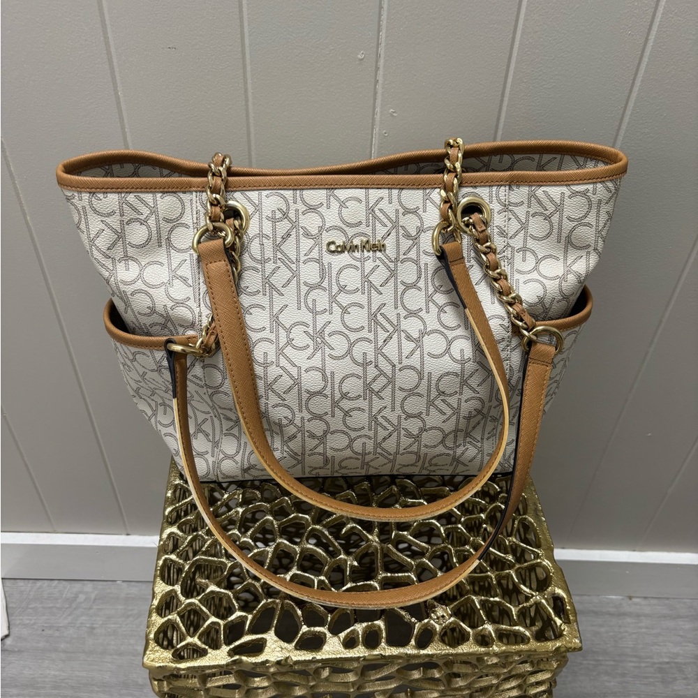 Calvin Klein Monogram White and Tan Tote